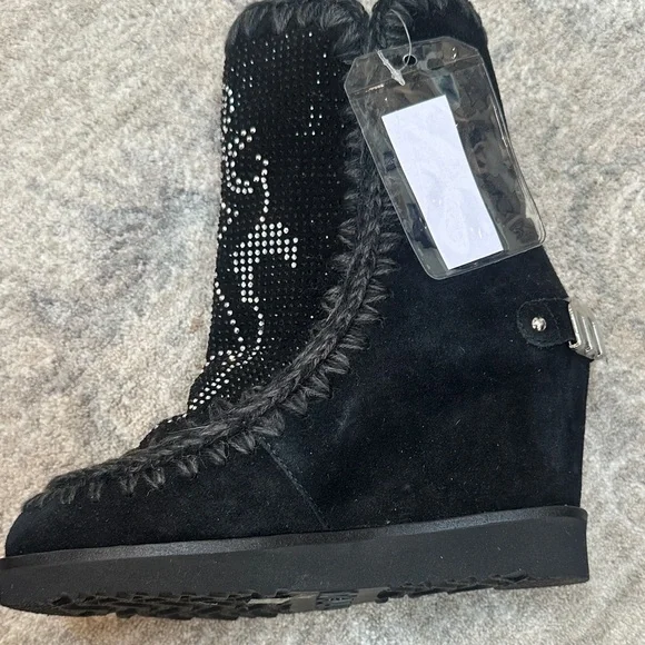 Mou brand- Black Suede Women's Boots with Rhinestone Detail - wedge heel inside - Picture 4 of 8